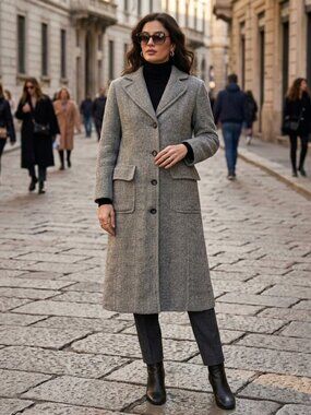 Caractere Italy Virgin Wool Mohair Herringbone Long Tweed Overcoat Grey Chic 6